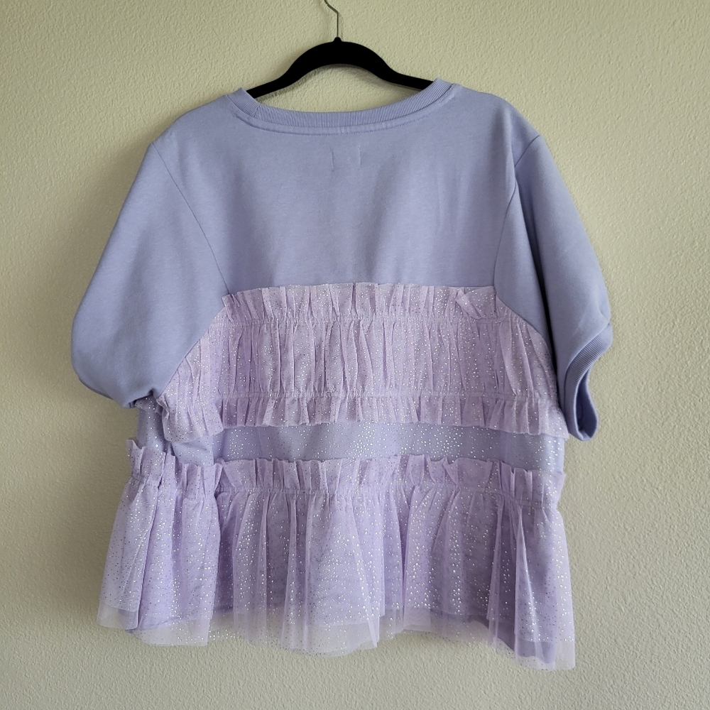 Maeve Anthropologie Purple Tulle Shimmer Puffed Sleeve Tee sz L - Picture 5 of 5